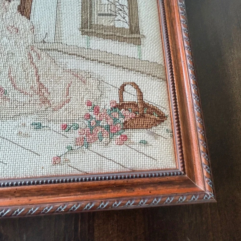Vintage 90s Cross Stitch Wall Art Framed Victorian Bridal Wedding Cottagecore